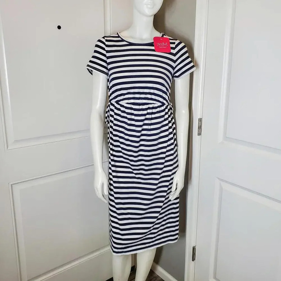 NWT Isabel Maternity Women’s Size XS Short Sleeve Tie-Waist Dress Navy and White - Picture 2 of 15